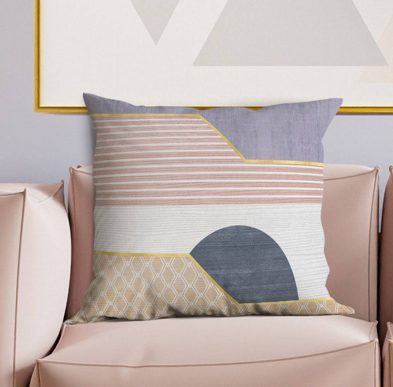 Blankets2U pillow with striped pattern and large dark blue circle, gray with gold trim