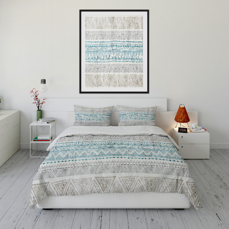 Blue and white geometric comforter set with two matching pillow shams