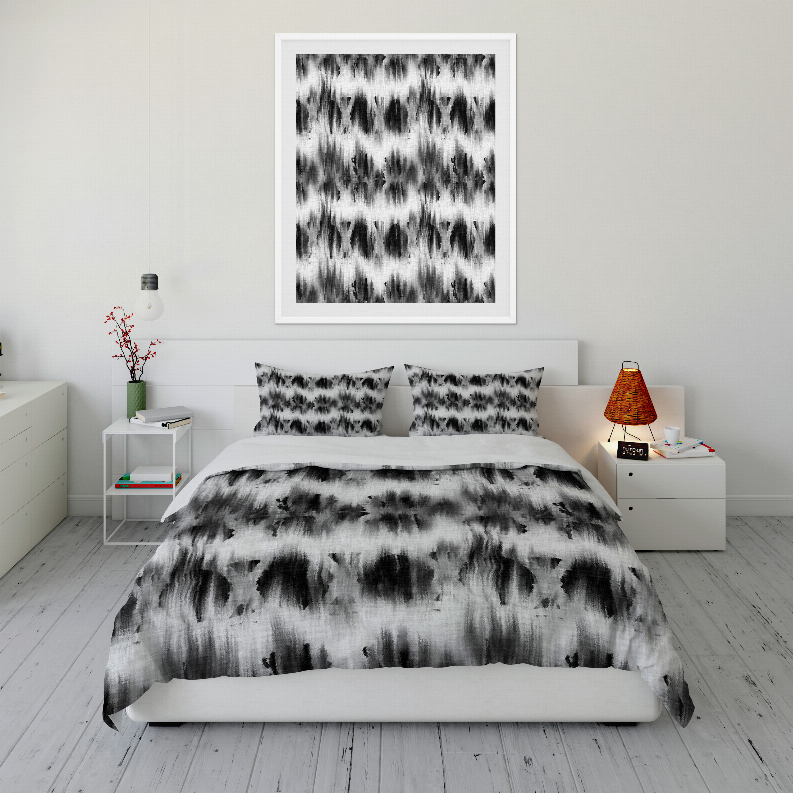 Black-and-white tie-dye duvet cover set with matching duvet and 2 pillowcases.