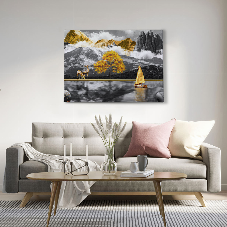 Framed mountain landscape wall art with gold accents, sailboat, and yellow tree