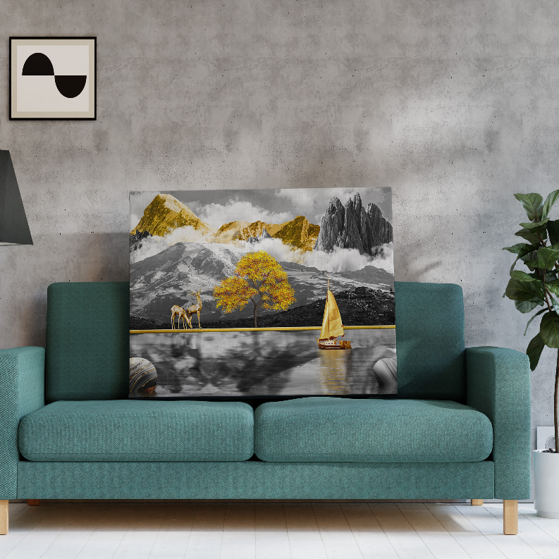 Framed mountain landscape art print with gold accents, sailboat, and giraffes