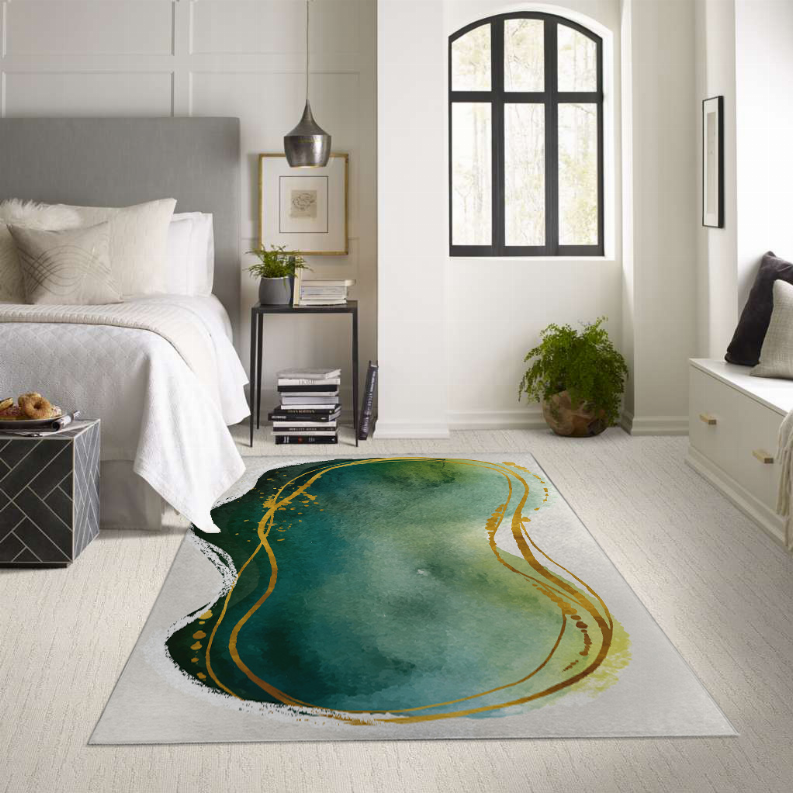 Low pile carpet rug featuring an abstract teal-green oval with gold outlines