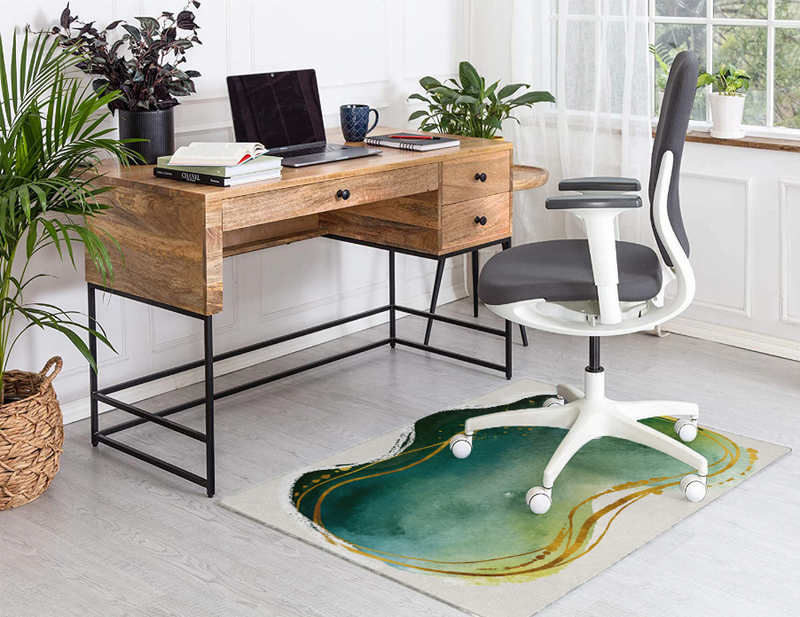 Low pile carpet rug with teal-green abstract center and gold contour lines