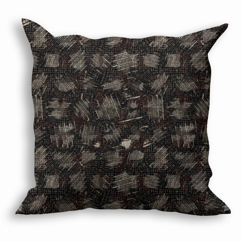 Square throw pillow, dark charcoal with repeating geometric collage pattern