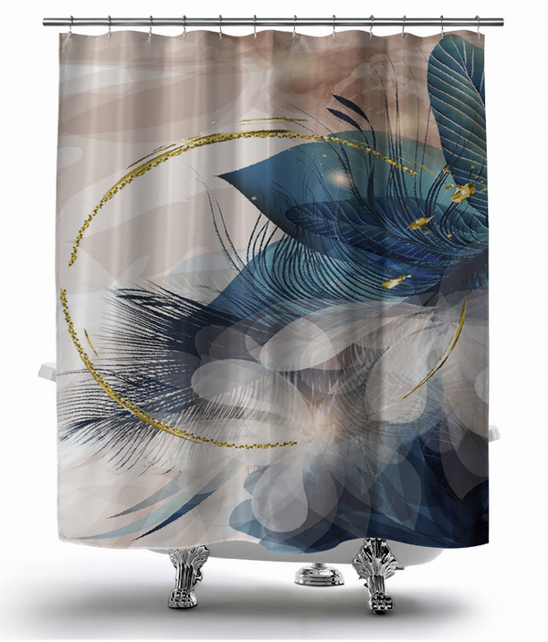 Multi shower curtain with blue feather pattern and gold trim, hanging with metal grommets
