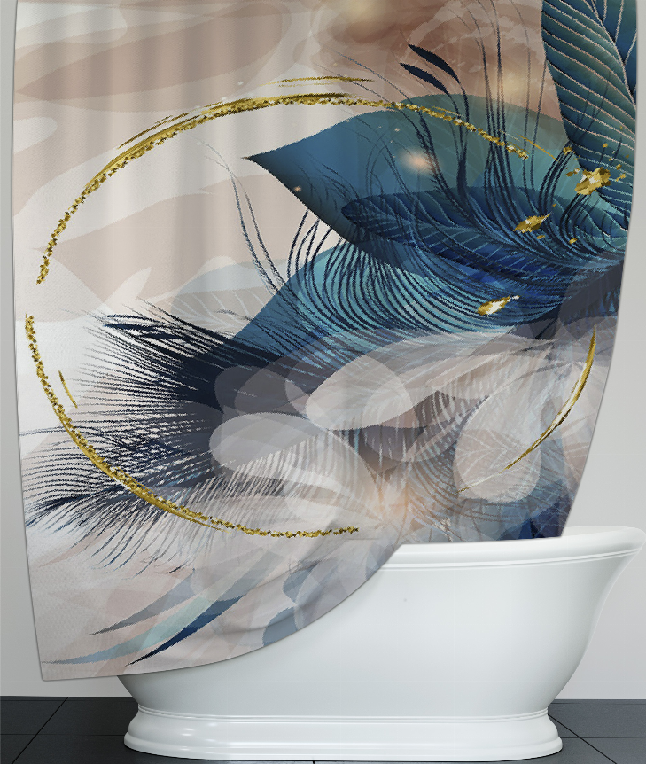 Multi shower curtain featuring large blue feather print with gold line trim, draped beside tub