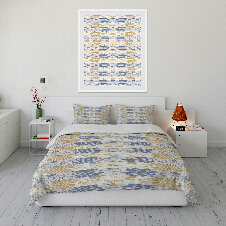 Blue and yellow patterned comforter set with two pillow shams, bedspread style