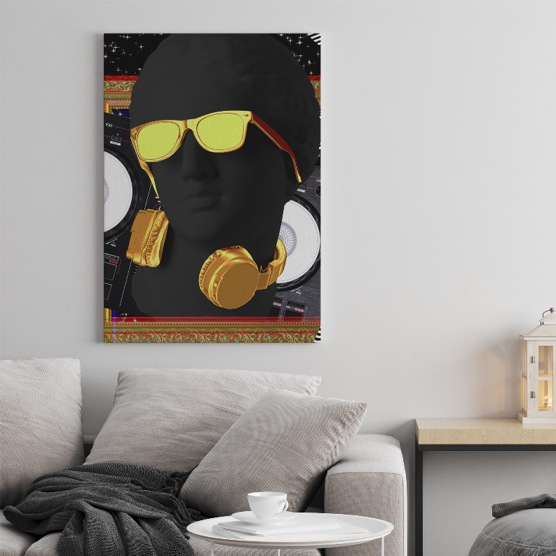 Framed pop art portrait print with yellow sunglasses and gold over-ear headphones