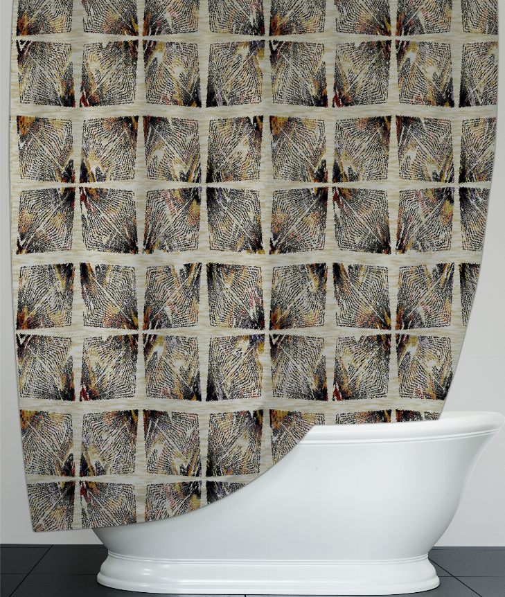 Multi-pattern shower curtain with repeated geometric print in gold, gray, and black