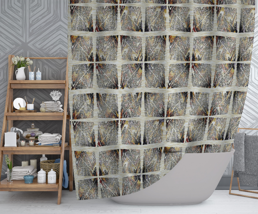 Multi-pattern shower curtain with grommet top and gold, gray, and black geometric print
