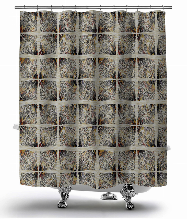 Multi-pattern shower curtain with metal grommets and gold, gray, and black geometric print