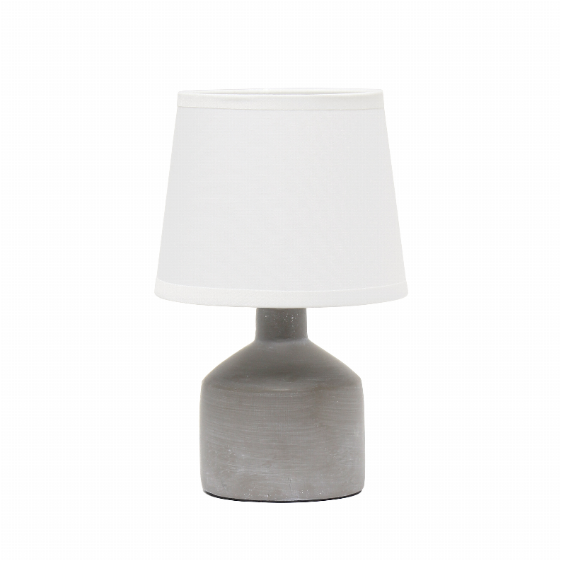 Mini ceramic table lamp with white shade and gray textured base