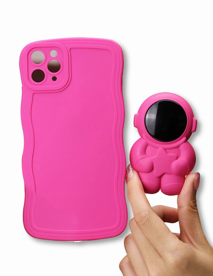 Pink iPhone case with astronaut grip, camera cutouts, and raised edges