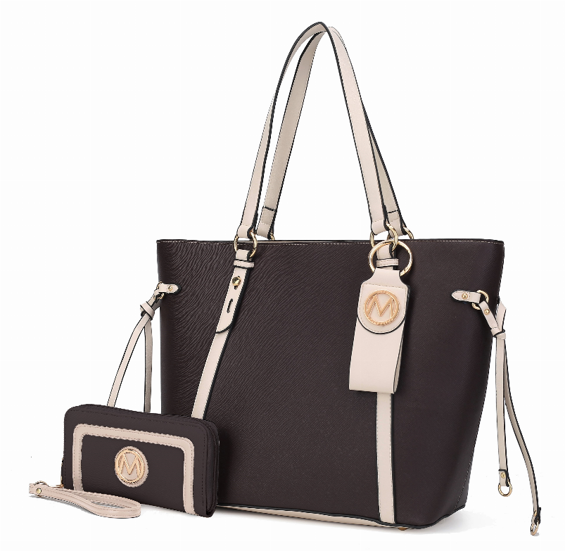 Two-tone tote bag set with detachable wallet and key ring