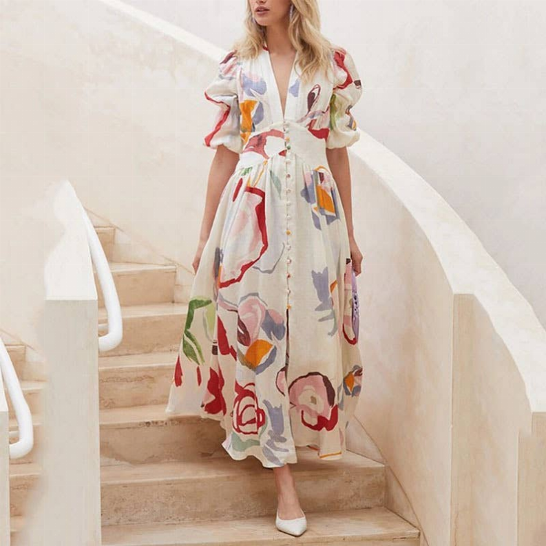 Abstract print midi dress with puff sleeves, V-neck, and gathered skirt