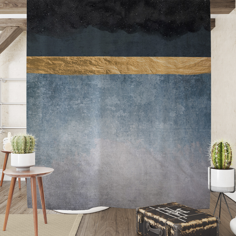 Shower curtain with dark top, wide gold stripe, and blue-gray ombre effect
