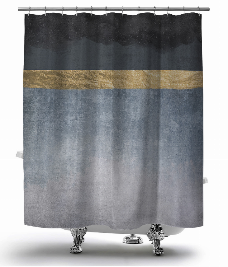 Shower curtain with dark sky pattern and gold stripe, blue-gray fabric