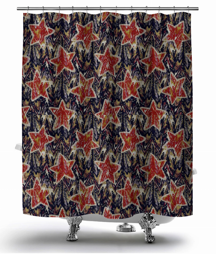 Multi-color star patterned shower curtain with top grommets on a rod