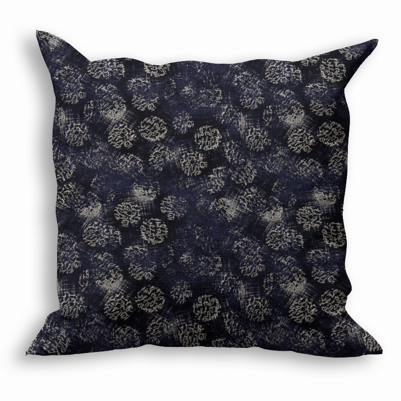 Navy square throw pillow with light medallion pattern and clean edges