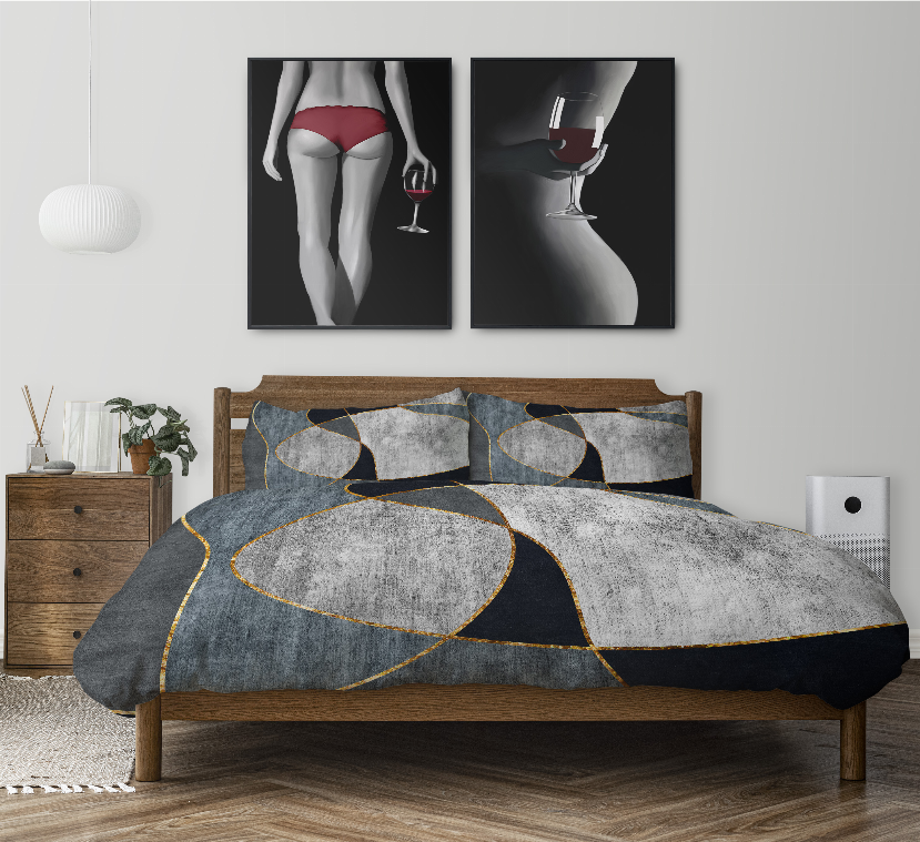Full comforter set featuring dark blue and gray circle geometric design with gold trim; 2 shams