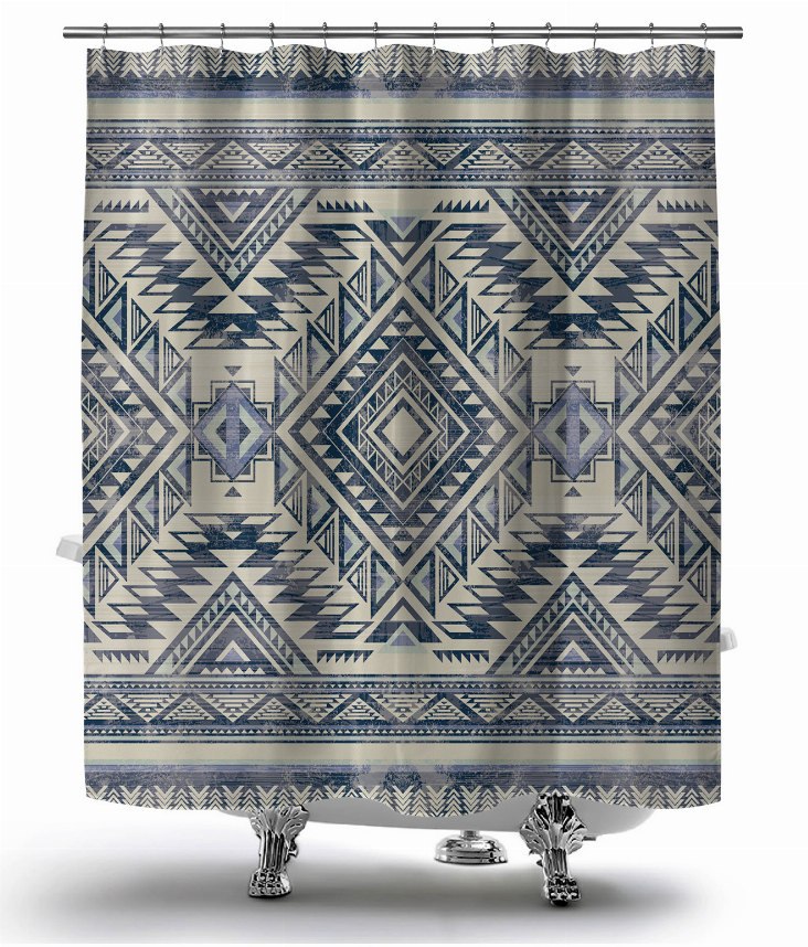 Tribal geometric shower curtain with navy, teal, and blue pattern, top grommets, front view