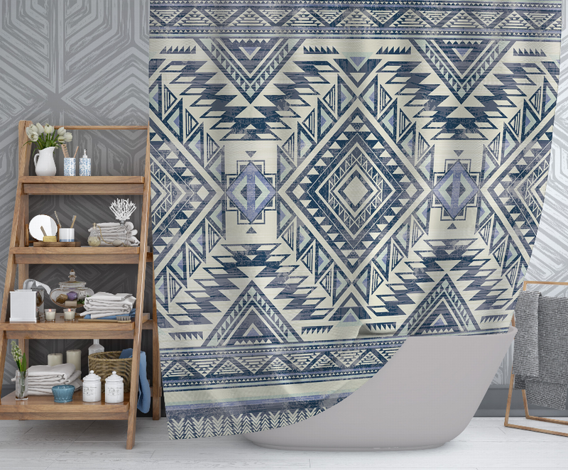 Geometric tribal shower curtain with blue and navy pattern panels, grommet top and straight hem