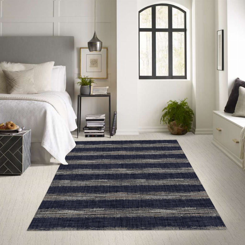 Rectangular low pile carpet with navy horizontal stripes, long runner shape
