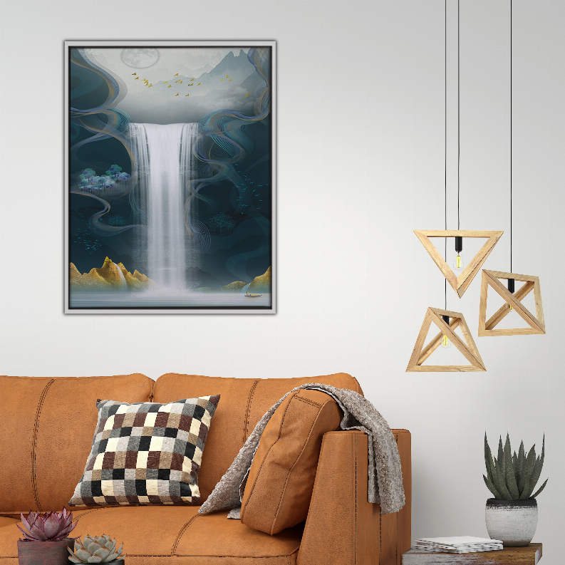 Framed waterfall art print, teal blue scene with mountains and waterfall cascade