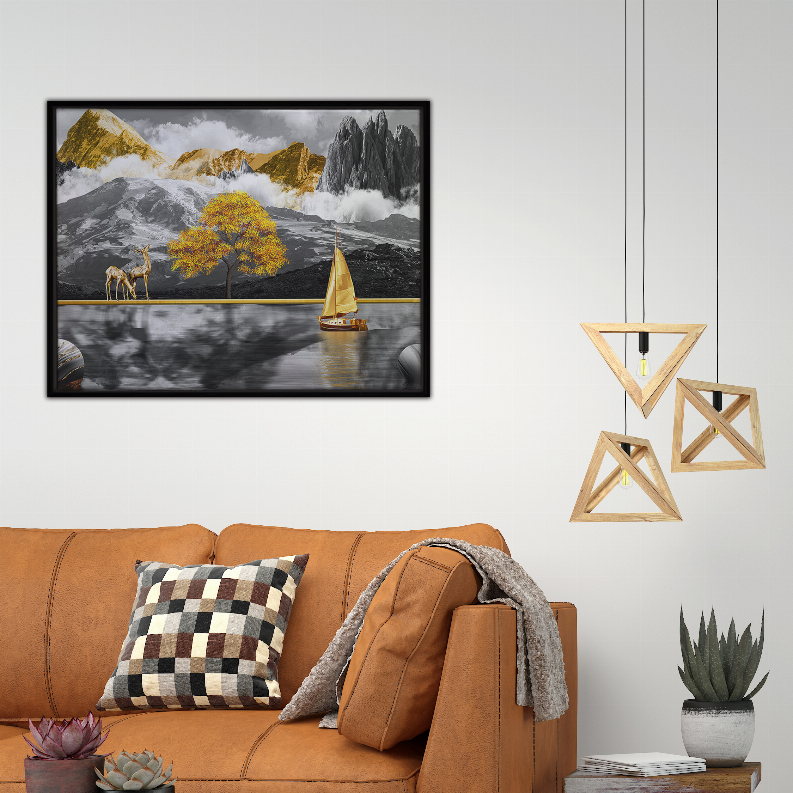 Framed landscape art print hanging in living room on white wall, mountains and lake view