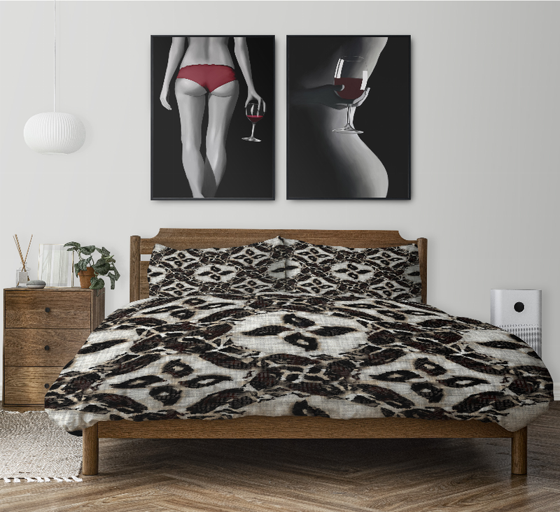 Leopard print comforter set with two pillow shams, black and white