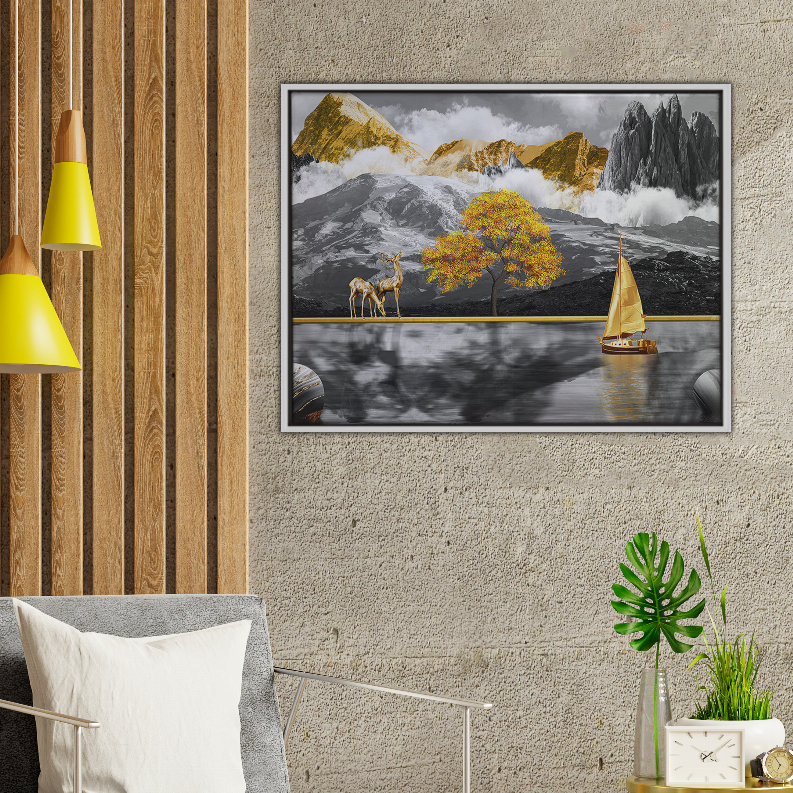Framed landscape art print with mountains, yellow tree, camel and sailboat