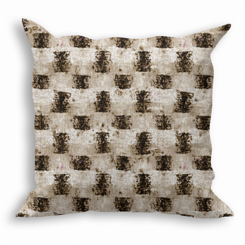 Throw pillow with cream and dark gray distressed square motif on square cushion