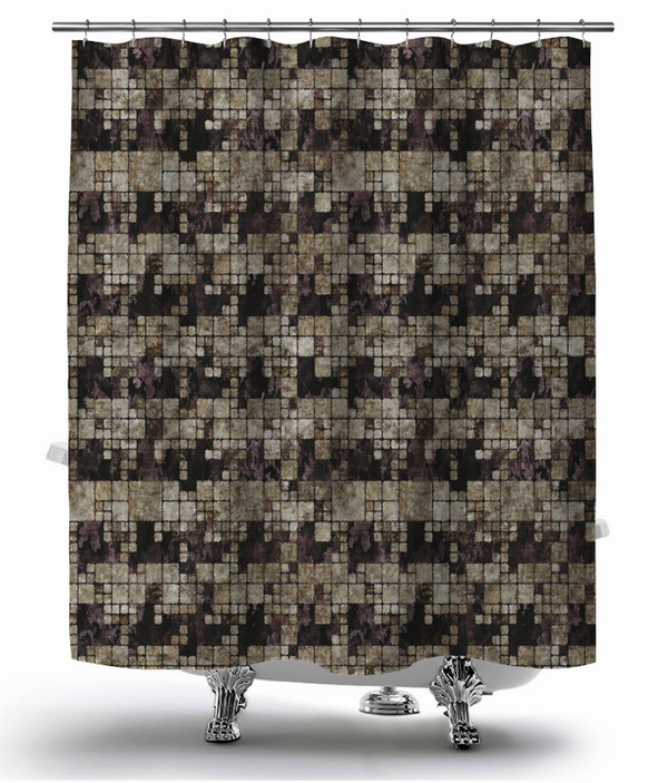 Multi-pattern shower curtain with dark tan and cream square blocks; grommets
