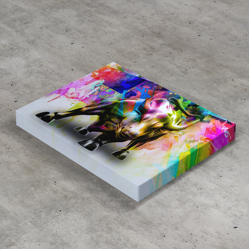 Colorful framed bull wall art print with neon rainbow splash and paint splatter