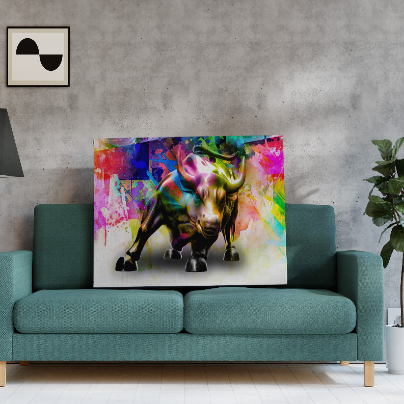 Colorful framed bull wall art print with vibrant rainbow background and black silhouette
