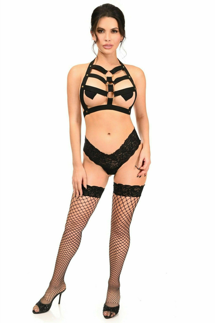 Black front strappy body harness with hardware, lace briefs, and fishnet thigh-high stockings