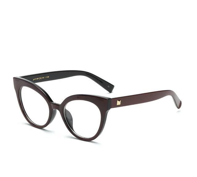 Dark brown cat-eye optical glasses with round lenses and gold accent