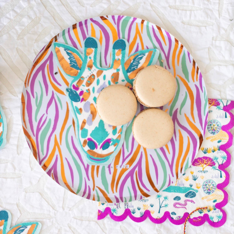 Safari-themed square napkin with colorful animal print and purple scalloped edge