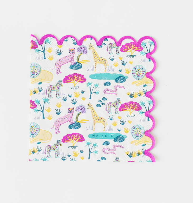 Square napkin with scalloped pink edge and safari animal print