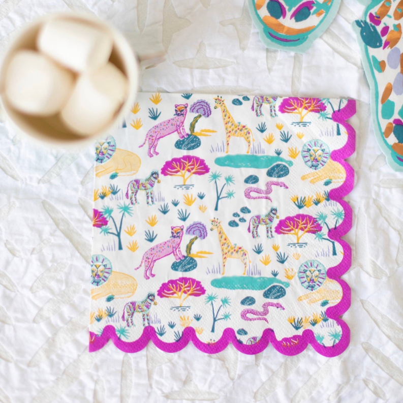 Colorful safari square napkin with animal pattern and purple scalloped trim