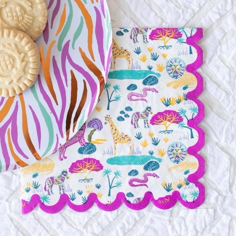 Safari animal print square napkin with purple scalloped border, folded corner
