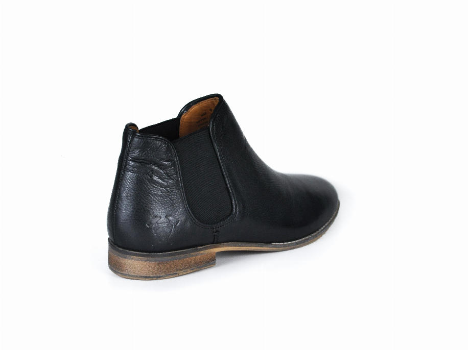Black leather Chelsea boot with elastic side panel and low stacked heel