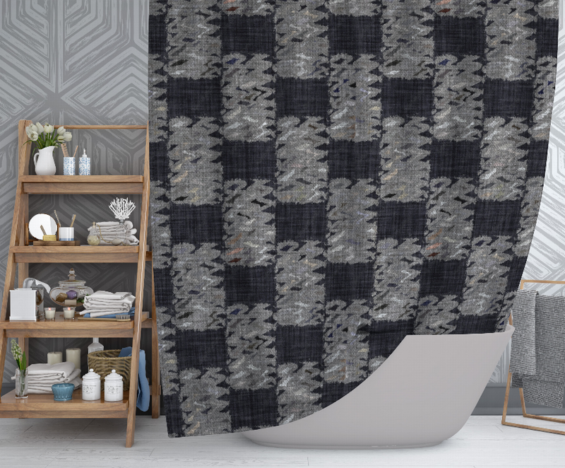 Gray and black plaid shower curtain with textured squares pattern, bottom scalloped edge