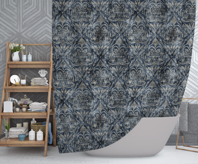 Blue damask shower curtain with repeating decorative motif and scalloped bottom