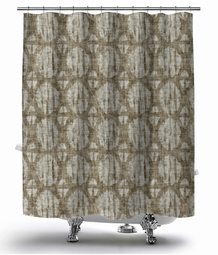 Multi-color abstract shower curtain with top grommets and matching fabric rings