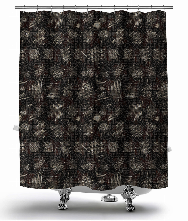 Black geometric patterned shower curtain with top grommets and hanging rings