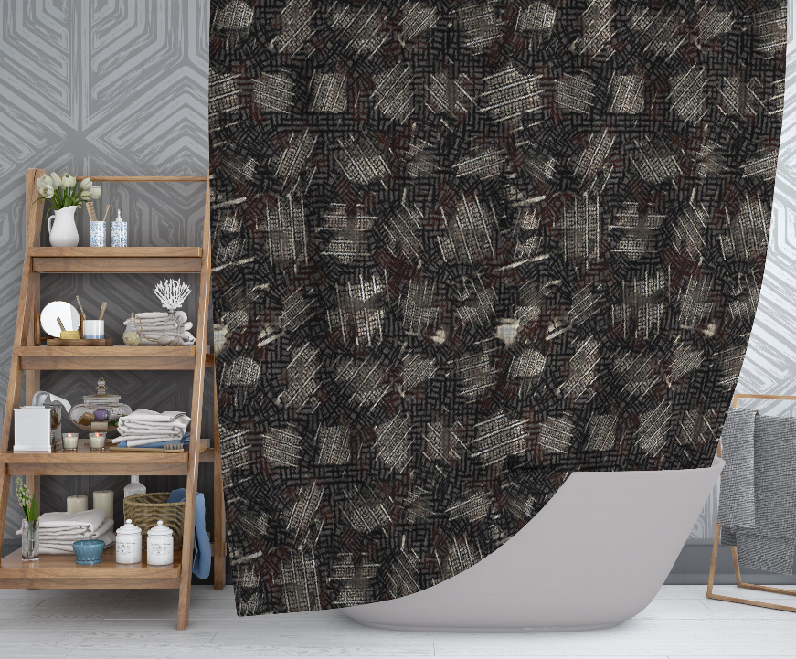 Black and gray geometric shower curtain panel with eyelet top and curved hem