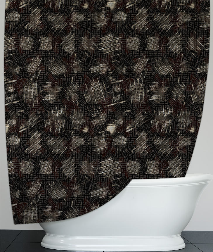 Black geometric shower curtain with eyelet top and curved edge beside white bathtub