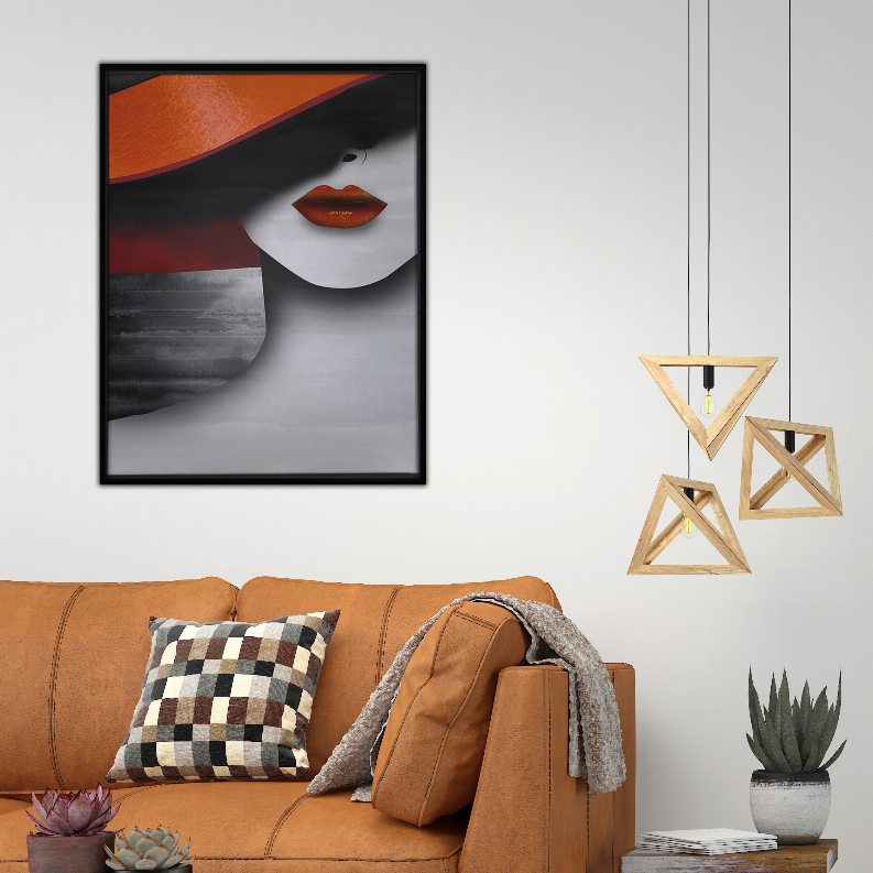 Framed abstract lady art print with red lips, black border, and orange top section