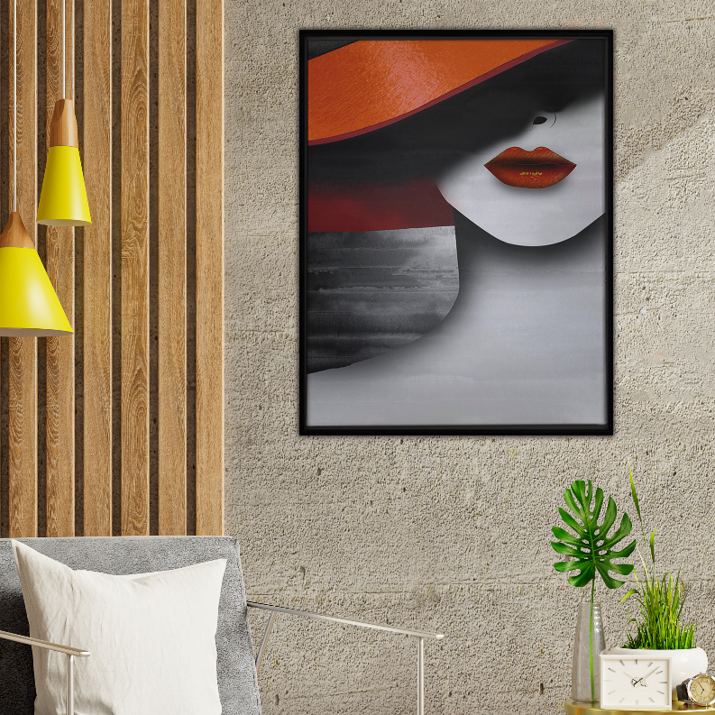Framed abstract lady wall art with red lips and orange banner; black frame